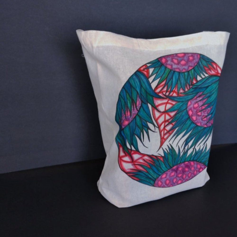 Handmade Reusable Tote Bag with Hand Drawn Green Sunflowers with Red Leaves NWT - Picture 15 of 16